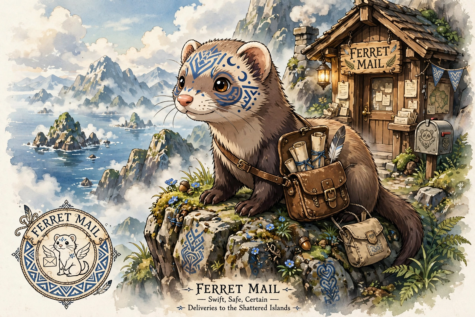 Ferret Mail banner — a rustic parchment scroll carried by ferrets across the Shattered Islands